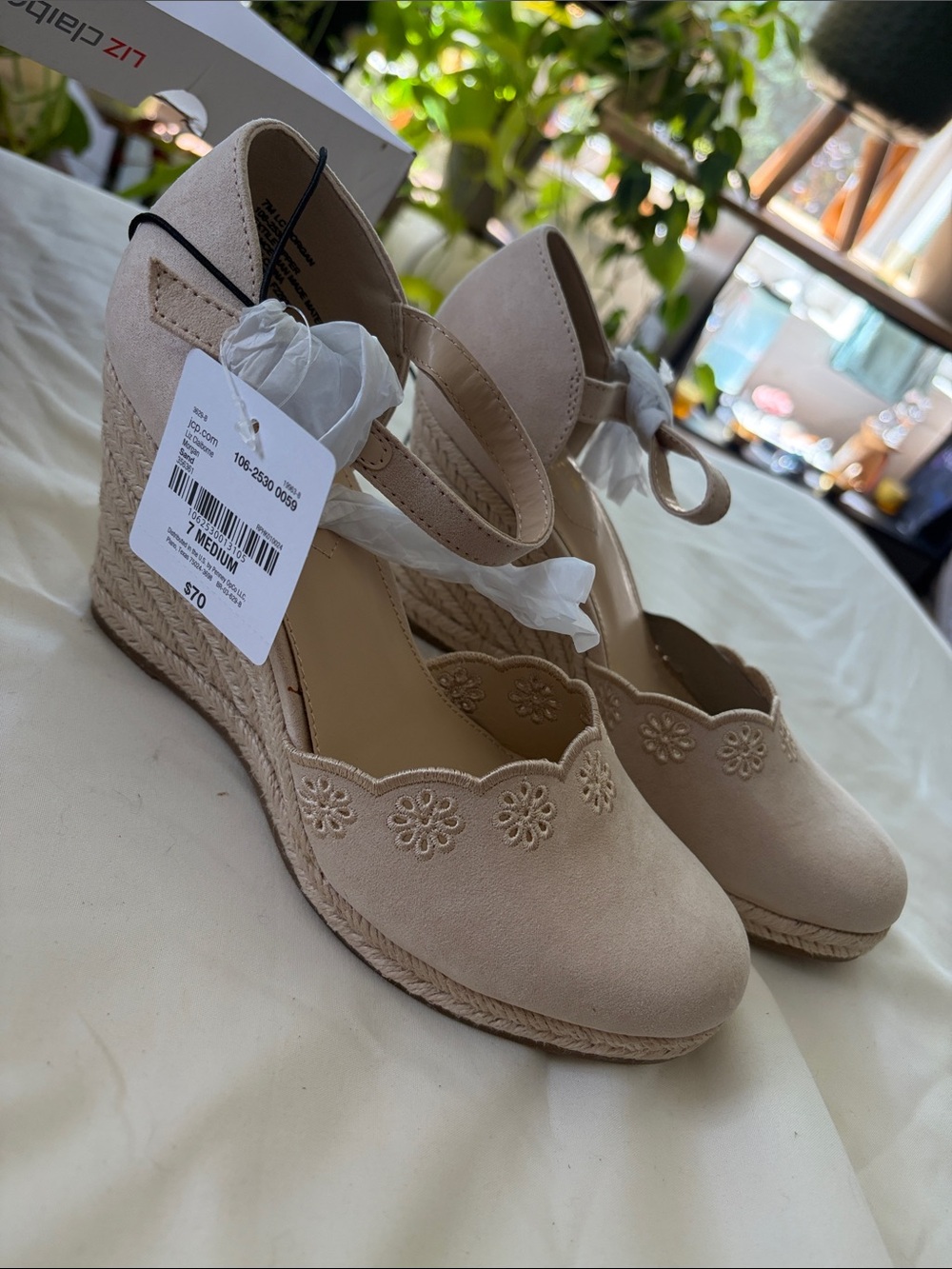 Beige Floral Espadrille Wedge Heels - Women's